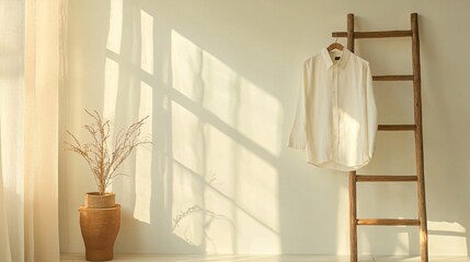 Casual White Linen Shirt Hanging on Rustic Wood Ladder Minimalist Home Decor Serene Environment Natural Light Fashion Concept