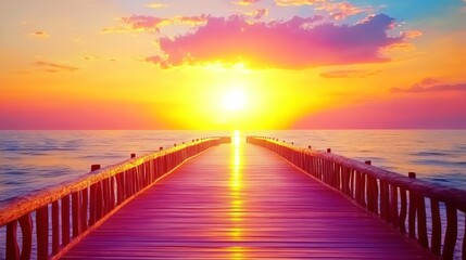Obraz premium Wooden Pier Extending Towards Vibrant Sunset Over Calm Ocean