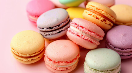 Obraz premium Artistic arrangement of colorful macarons in various pastel shades, creating delightful and vibrant display