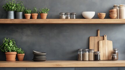 Two wooden shelves with kitchenware, herbs, and spices against a dark gray wall.