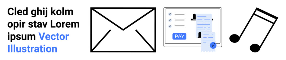 Envelope symbolizing messages, digital payment form with PAY button, musical notes for artistic creativity. Ideal for communication, finance, productivity, e-commerce, arts, technology abstract line