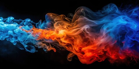Abstract swirling vibrant hues of blue and orange smoke against a dark background, creating a dynamic and energetic visual composition ideal for design projects and artistic endeavors.