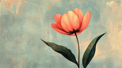Vibrant orange tulip blooming against a textured blue background, evoking tranquility and beauty