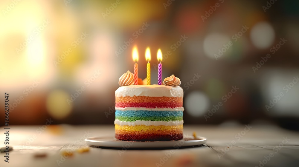 Poster enchanting layered birthday cake with vibrant rainbow candles burning in harmony a whimsical and vis