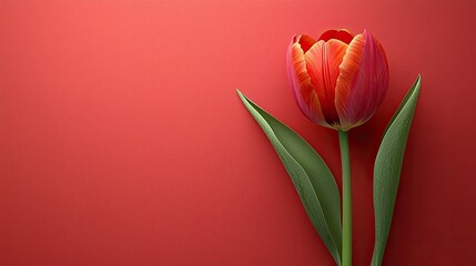 Vibrant red tulip with green leaves against a solid red background, ideal for floral themes