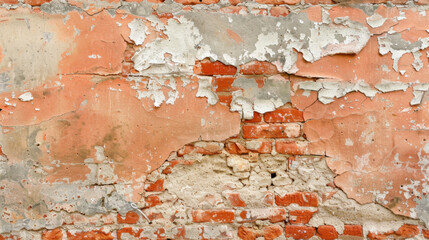 Peeling paint on weathered brick wall, showcasing texture and decay. combination of red bricks and faded plaster creates rustic, vintage aesthetic