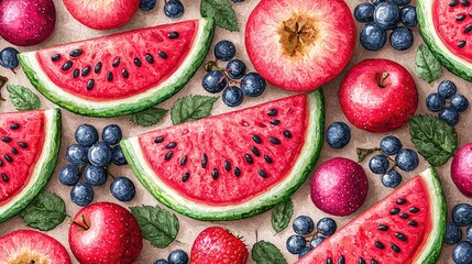 Vibrant assortment of fresh fruits including watermelon, apples, and blueberries on a textured background