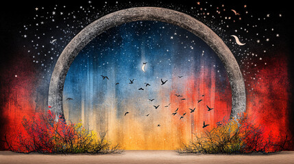 Fototapeta premium Ethereal archway with colorful sky, stars, and flying birds, creating mystical atmosphere. vibrant colors blend beautifully, evoking sense of wonder and tranquility