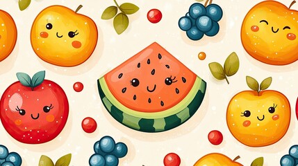 Colorful, playful fruit pattern featuring smiling apples, oranges, watermelon, and blueberries on light background