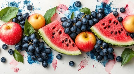 Fresh assortment of colorful fruits including apples, watermelon, and blueberries on a vibrant background