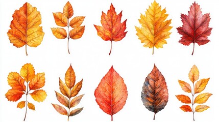 Obraz premium A vibrant collection of autumn leaves in various shapes and colors against a white background