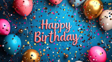 Colorful birthday celebration scene with balloons, confetti, and festive decorations on blue background