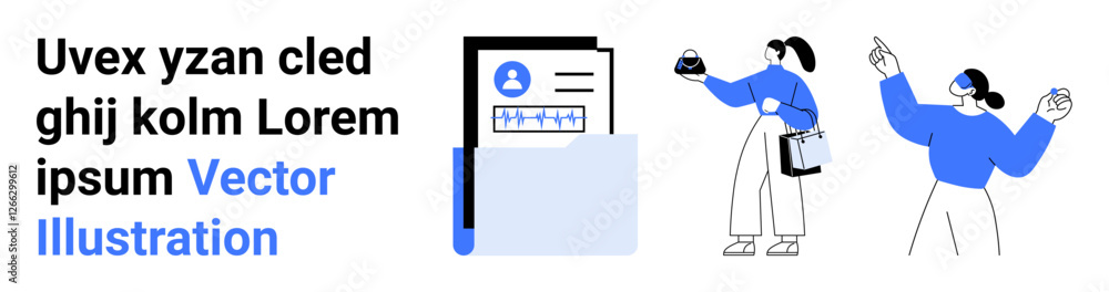 Poster folder with a document featuring a digital profile, a woman analyzing data on a device, and another 
