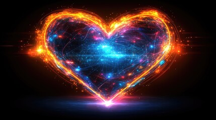 Vibrant glowing heart shape with swirling colors and cosmic elements on a dark background
