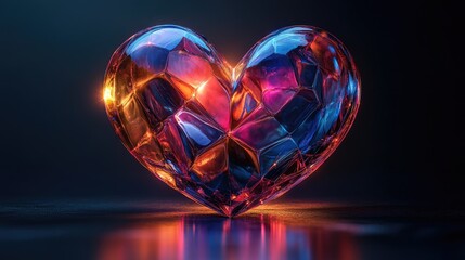 Colorful crystal heart sculpture illuminated by soft light against a dark background, symbolizing love