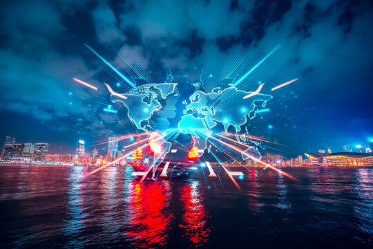 Double exposure concept: world map overlaying Hong Kong cityscape at night. Light streaks grow up, suggesting futuristic global expansion.