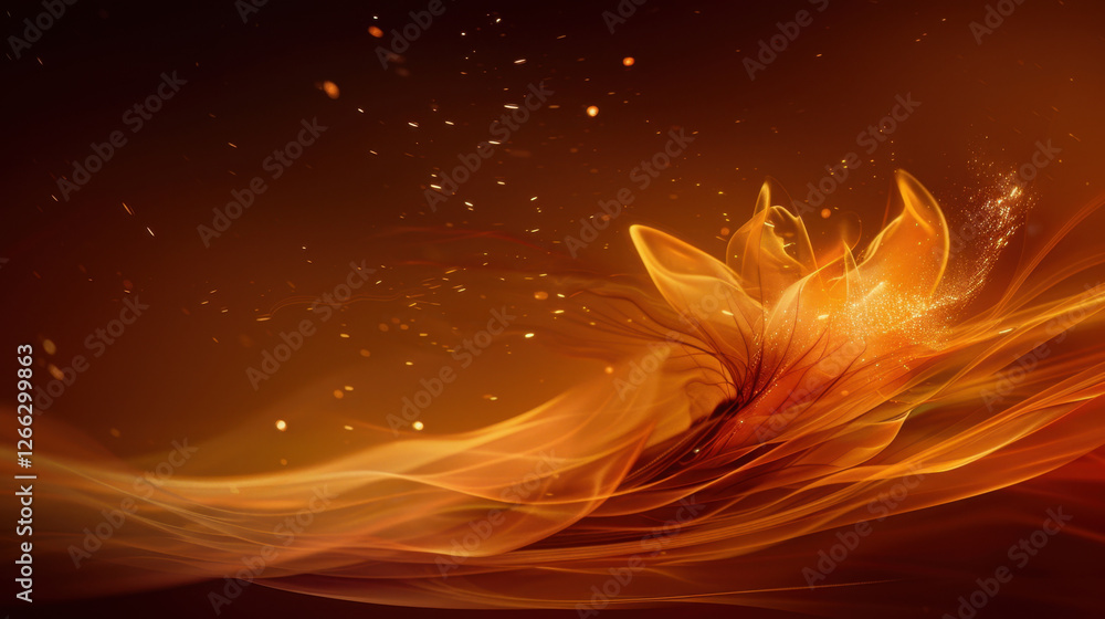 Poster abstract orange wave with glowing floral elements and sparkles, creating warm and dynamic atmosphere