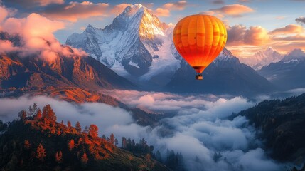 A vibrant hot air balloon gliding over majestic mountains at sunset, surrounded by clouds