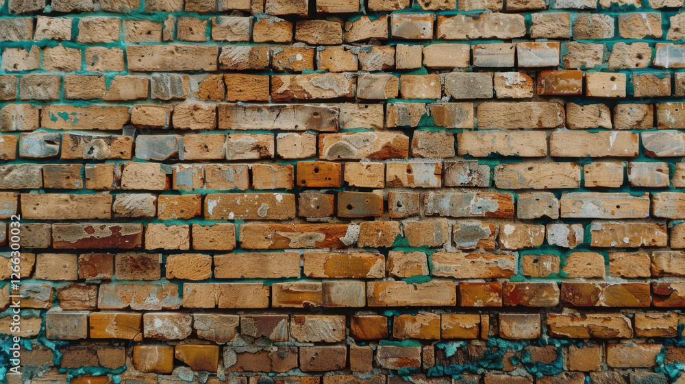Poster textured brick wall with various shades of brown and orange, showcasing rustic appearance and weathe