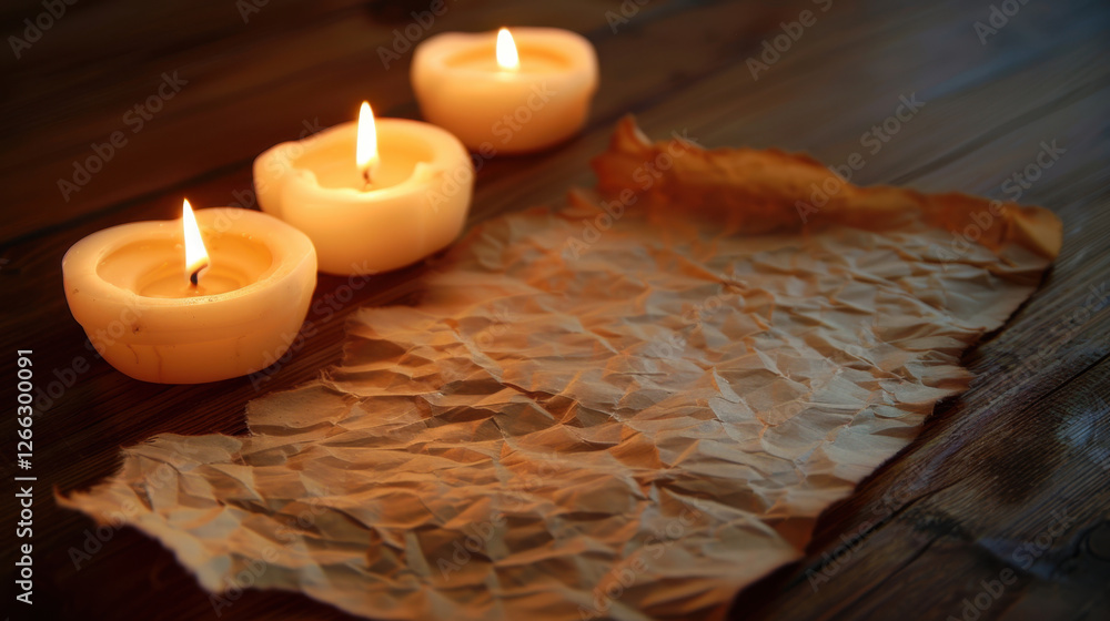 Poster candlelight illuminates crumpled paper on wooden surface, creating warm and inviting atmosphere. sof