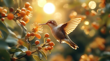 Hummingbird Feeding on Vibrant Flowers During Golden Hour in a Lush Garden Setting