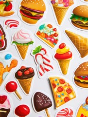 Playful food stickers featuring pizza slices, ice cream cones, and burgers for creative projects and fun decorations. Generative AI