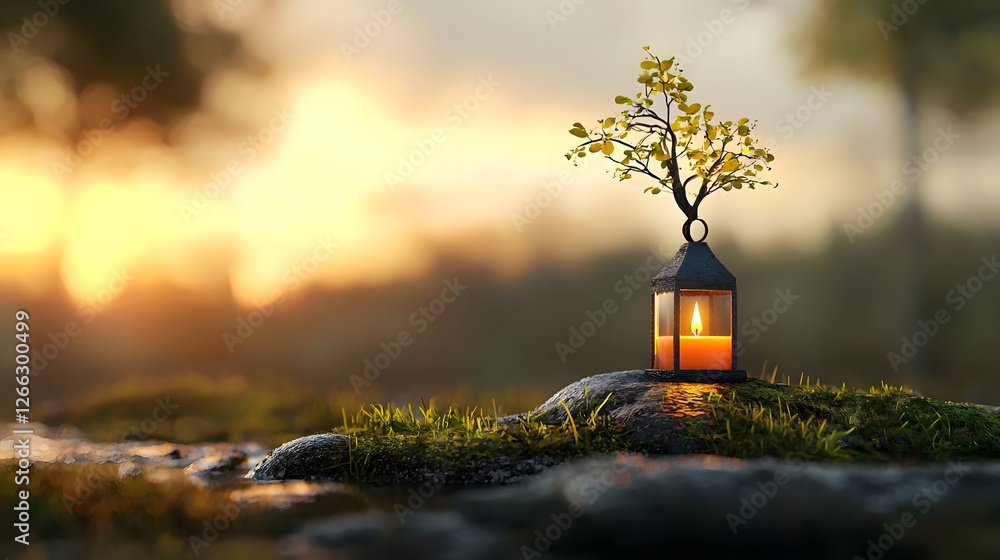 Poster a warm glowing lantern with a single candle inside placed in a peaceful rustic countryside setting w