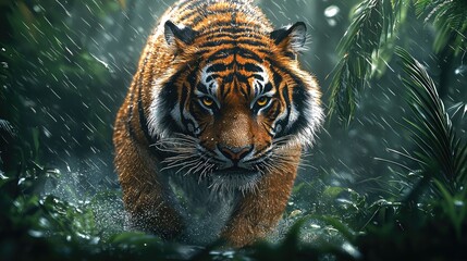 Majestic tiger prowling through a lush rainforest during a rainstorm, showcasing its fierce expression