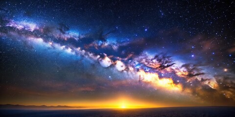 Naklejka premium Celestial Canvas A Serene Sunset Underneath a Vibrant Milky Way Galaxy Displaying Infinite Stars