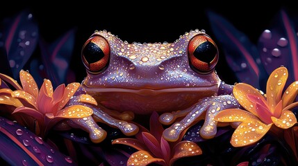 Colorful frog perched on vibrant flowers, glistening with dew in a lush, dark environment