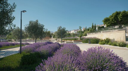 Lavender-lined park path, sunny Mediterranean town