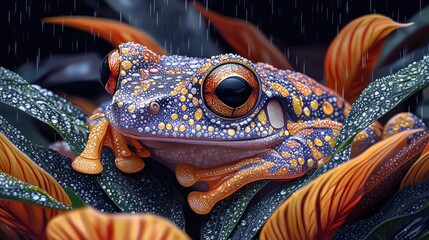 Colorful frog resting on vibrant leaves with rain droplets in a lush tropical environment