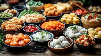 Vibrant assortment of Asian cuisine dishes displayed on wooden table with fresh ingredients nearby