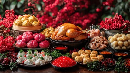 A vibrant spread of traditional dishes featuring chicken, dumplings, and colorful garnishes