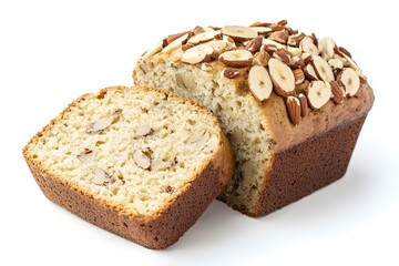 Homemade banana nut bread with sliced almonds on top.