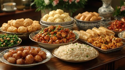 Obraz premium A vibrant display of various Asian dishes arranged elegantly on a wooden table with floral background