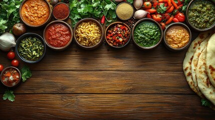 Colorful assortment of spices and fresh ingredients arranged on a wooden table for cooking