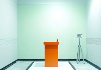 Bright Orange Podium in Minimalist Interior Setting with Green Walls