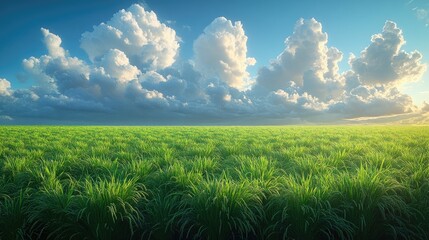 Lush green field under a vibrant sky with fluffy clouds, evoking tranquility and nature's beauty