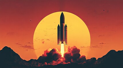 Obraz premium A futuristic rocket launch against a giant sun, casting an intense orange glow over alien mountains. The minimalist sci-fi digital art evokes space exploration, adventure, and cosmic mystery.