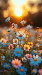 Vibrant wildflower field at sunset with colorful blooms and warm sunlight illuminating the scene