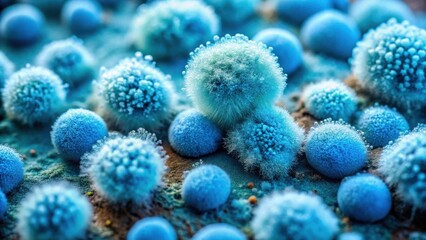 Microscopic View of a Dense Collection of Azure Spheroidal Fungal Colonies Exhibiting a Unique Textured Surface