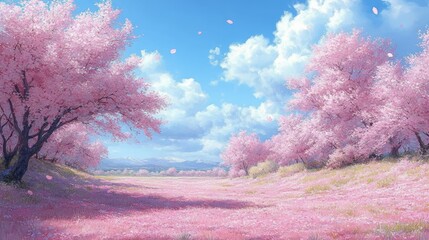Serene landscape of blooming cherry blossom trees under a bright blue sky with fluffy clouds