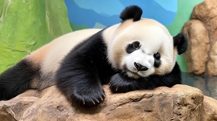 Obraz premium Sleeping Giant Panda Relaxing on Rock in Natural Habitat