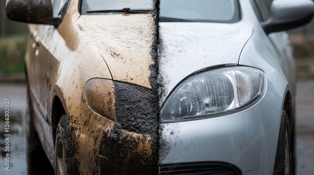 Poster comparison of a scratched dirty car and a shiny polished vehicle highlighting contrasts in appearanc