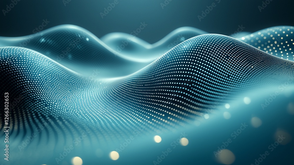 Wall mural abstract representation of flowing waves with glowing particles in a serene digital landscape