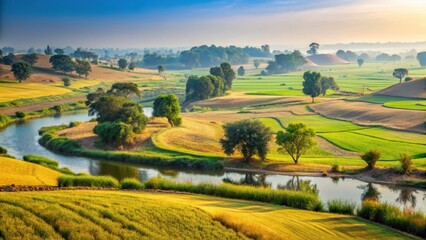 Naklejka premium Serene Pastoral Landscape A Picturesque River Winds Through Rolling Hills of Lush Green and Golden Fields Under a Tranquil Sky