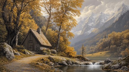 Autumn Cabin, Mountain Stream, Peaceful Valley