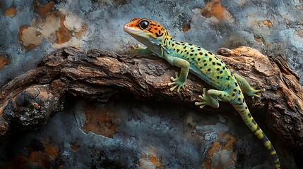 Obraz premium Vibrant Gecko on Weathered Wood: A Stunning Close-Up