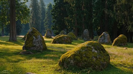 Sunlit mossy stones in a forest clearing